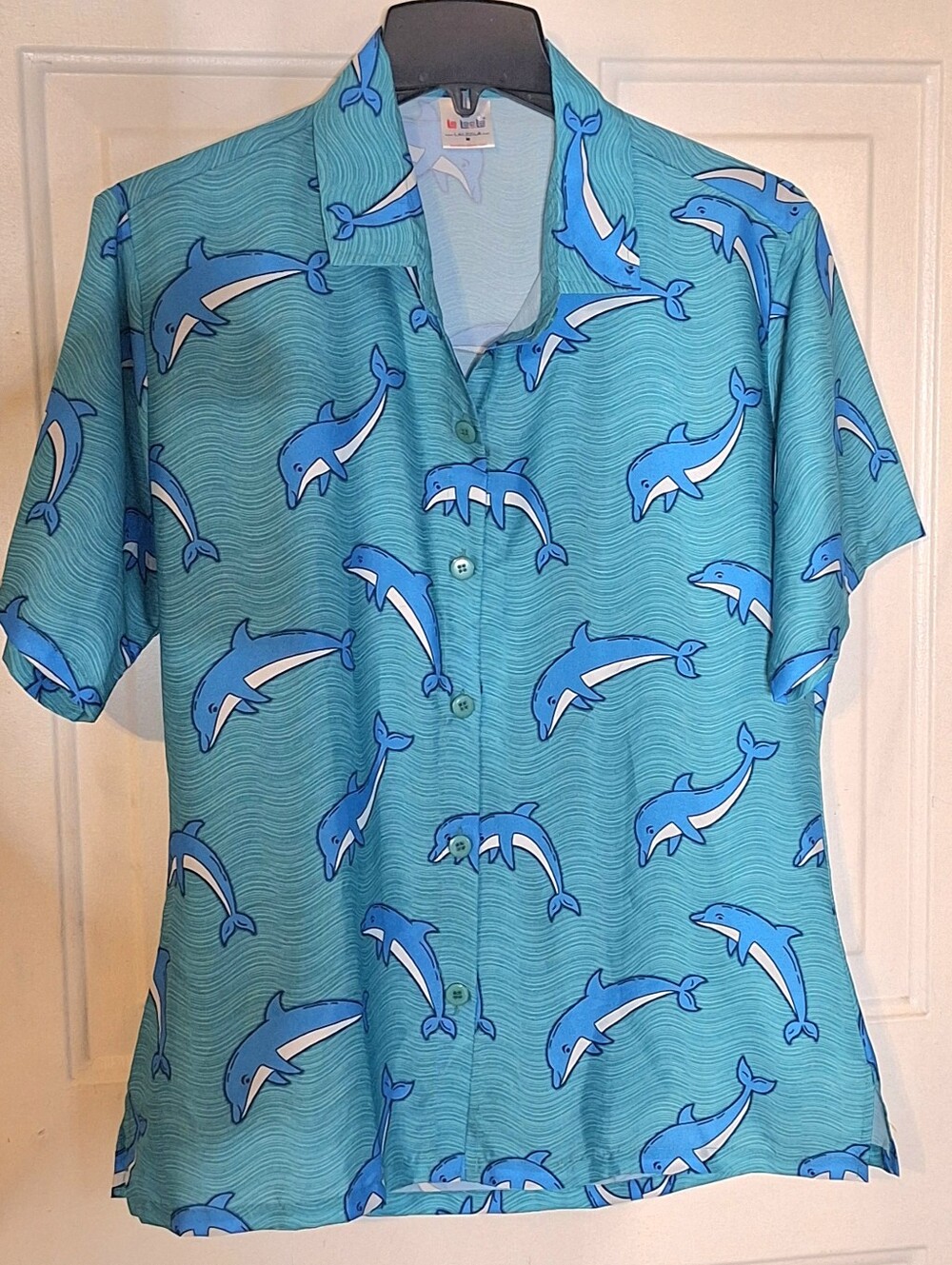 La Leela Hawaiian Shirt~Discontinued~Dolphins~Miami~Retro~100% Terivoile~M